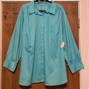 NWT Avenue Long Sleeve Button Down shirt Womens plus blouse 26/28 green SPRING